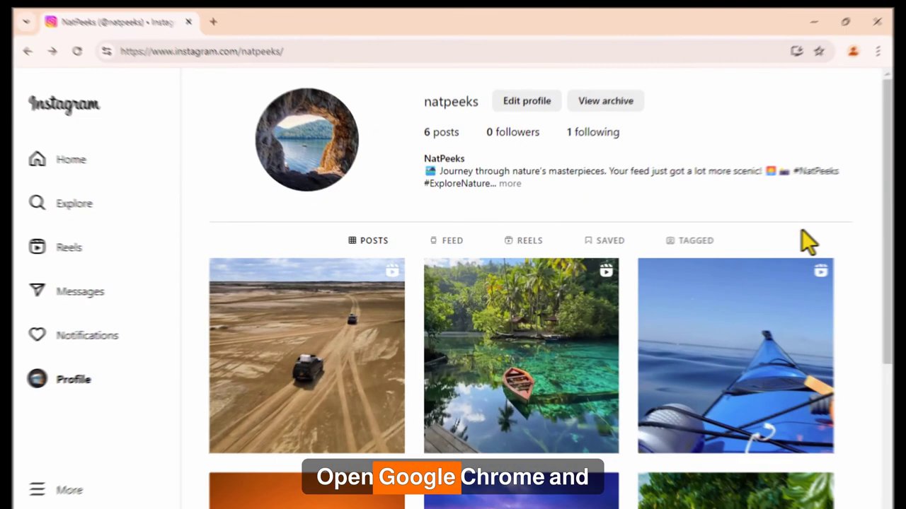 A screenshot showing the Google Chrome browser being opened and the Instagram.com URL being entered into the address bar.