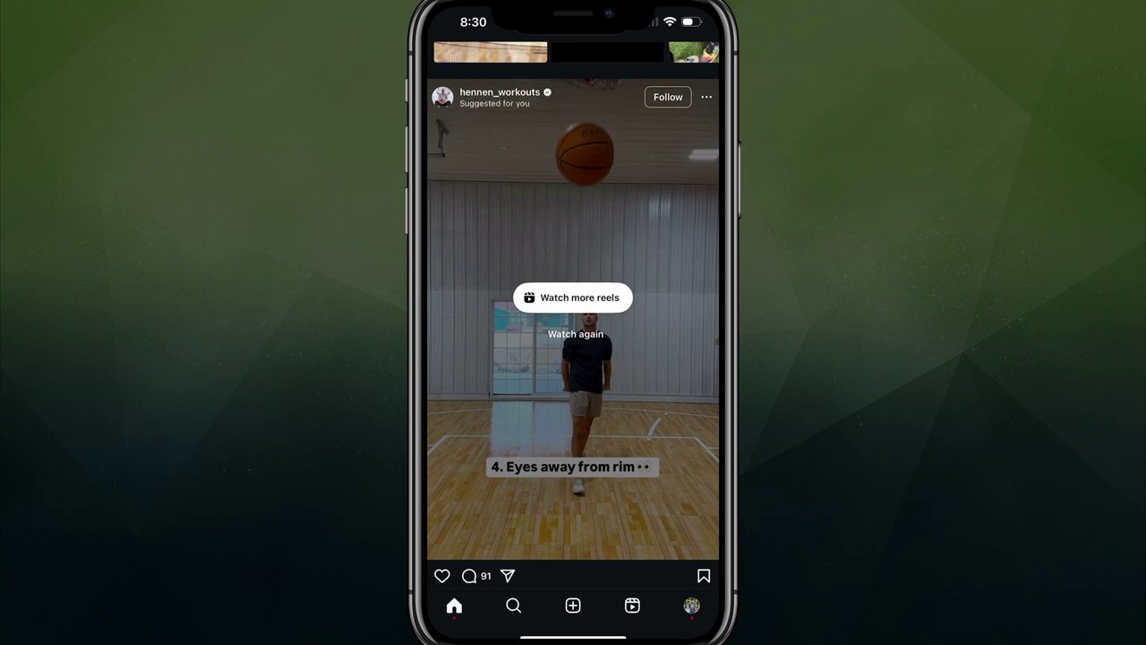 The Instagram app interface showing a user's finger hovering over the paper airplane "Share" button on a Reel.