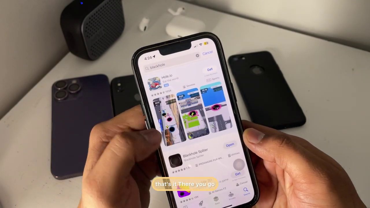 The App Store search results page showing the "Black Hole" app icon and listing.