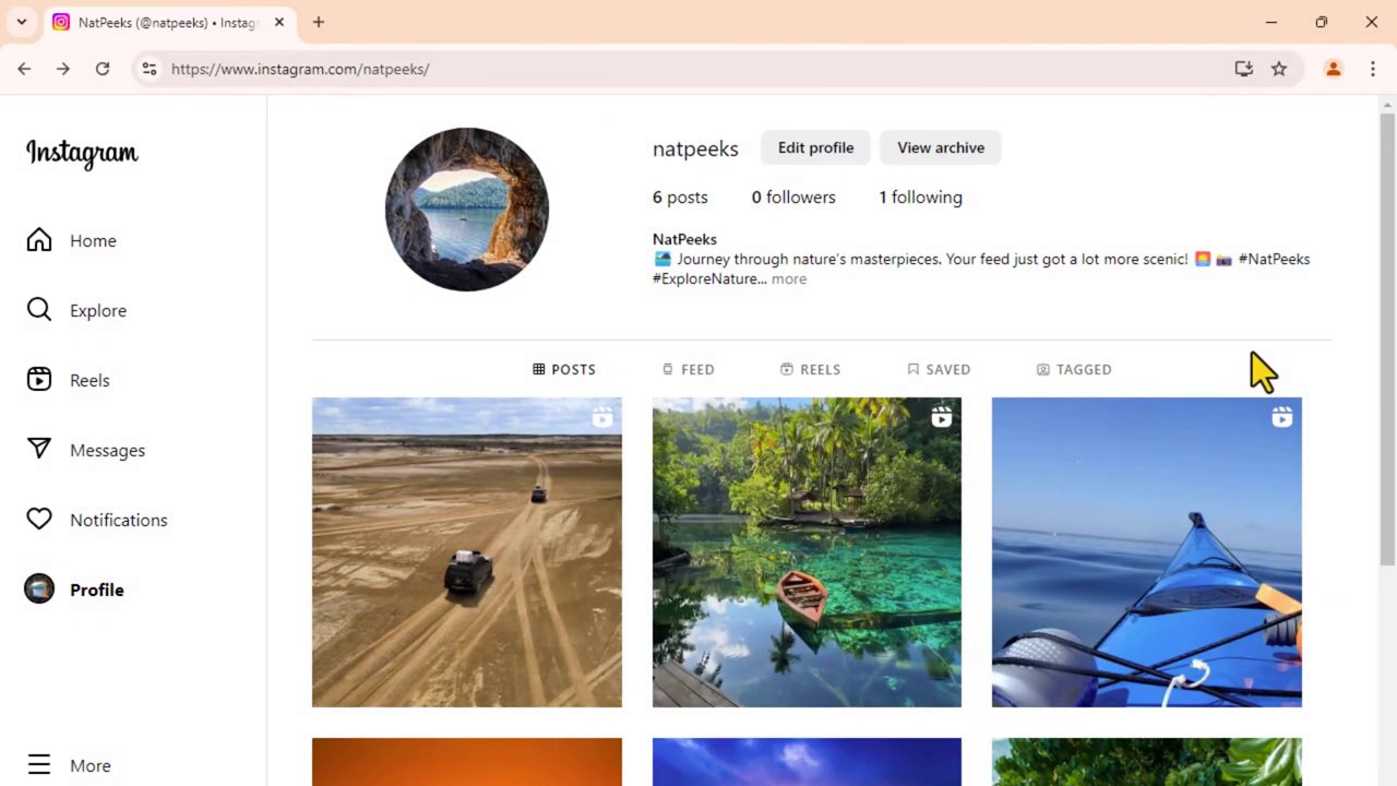 The Instagram interface with a cursor hovering over and clicking on a specific video post to open it in full view.