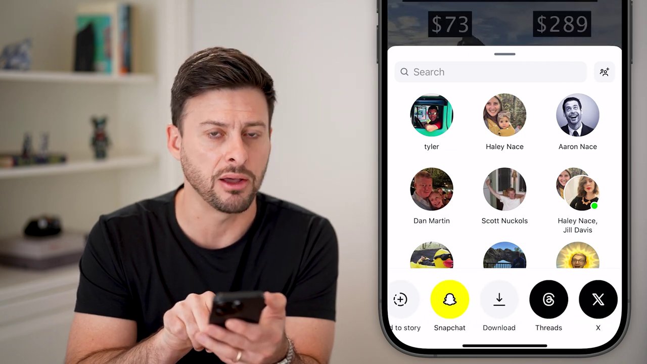 A close-up view of the share menu is displayed, with a finger swiping horizontally to reveal the hidden "Download" button option.