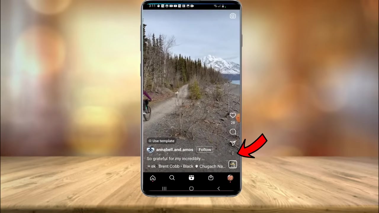 A close-up view of an Instagram video post, with the three-dot menu icon (•••) highlighted in the bottom-right corner.