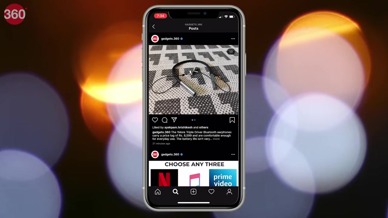 A close-up view of an Instagram post on a phone, with an arrow pointing to the three-dots menu icon in the top-right corner.