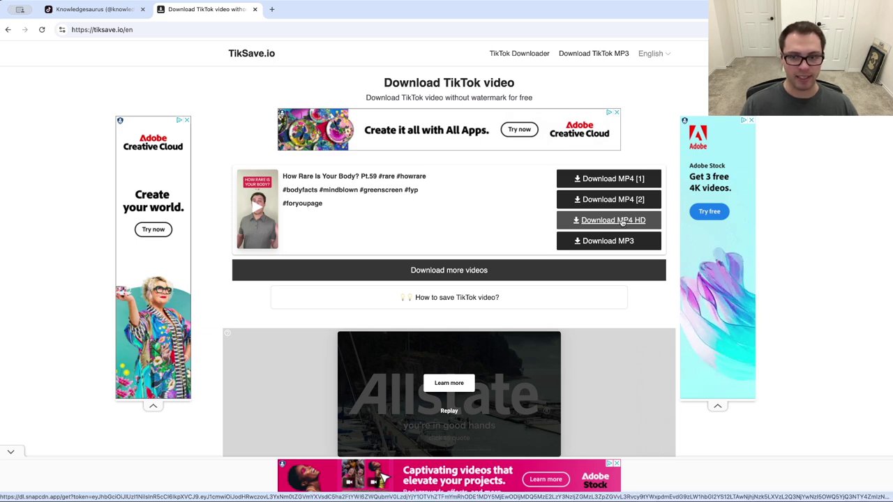 The download options panel on ticksafe.io, highlighting the "Download MP4 - HD" button.
