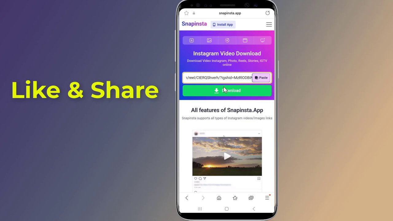 A close-up view of a browser window on a phone showing the Snap Insta website interface with a 'Download' button.