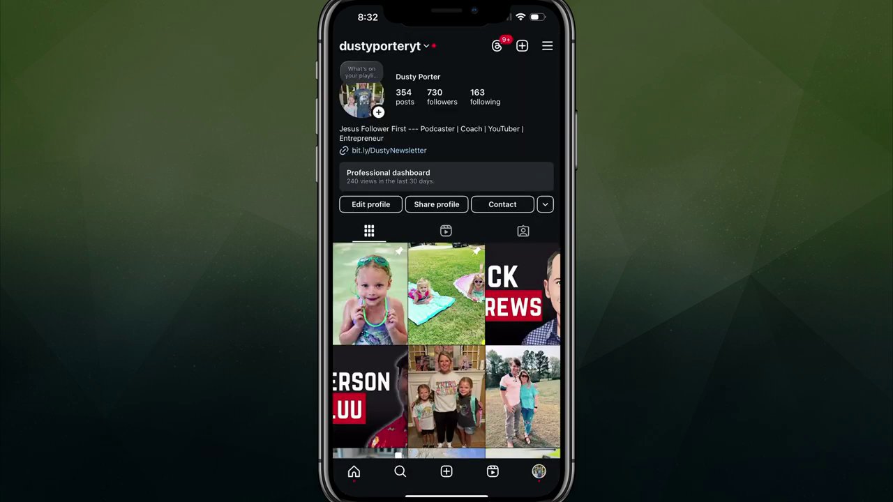 A user's camera roll gallery is displayed, showing the recently downloaded Instagram video saved among other photos.