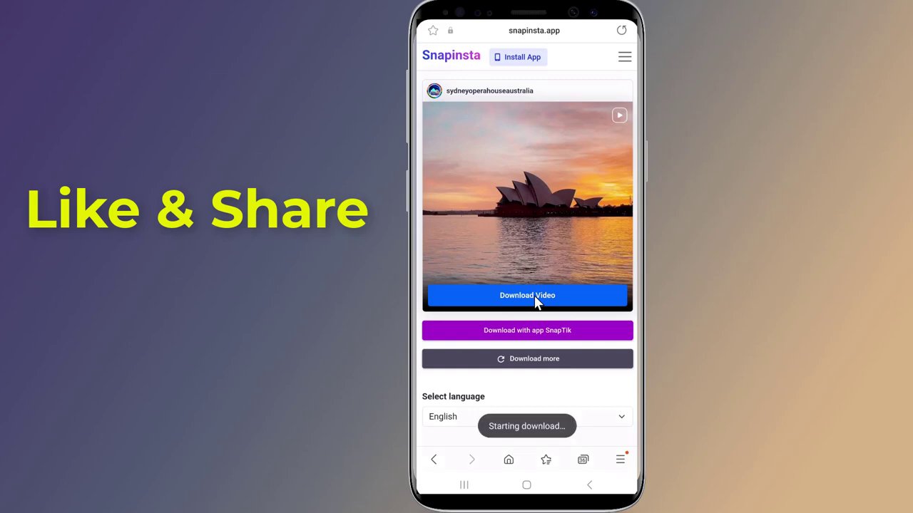 The phone's gallery app open, showing a newly downloaded Instagram video among other photos and videos.