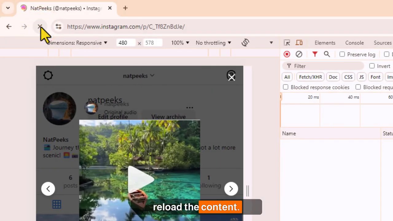 The Network tab in Developer Tools displays a list of media files after refreshing the page, with a video file entry visible.