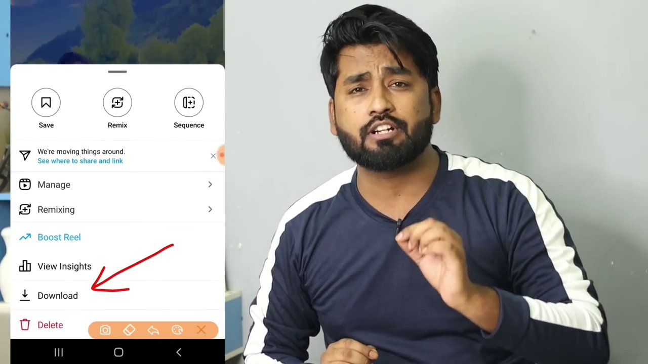 A user's hand holding a smartphone, browsing through a vibrant feed of Instagram Reels.