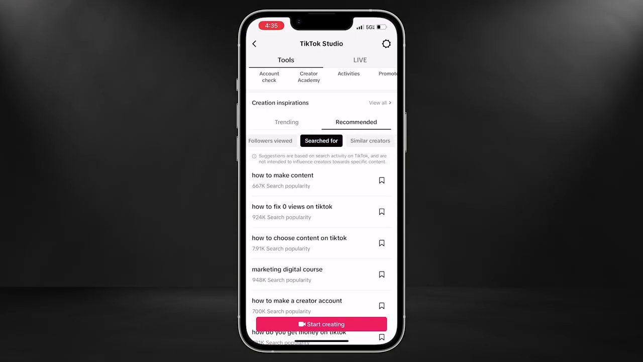 A creator points to their screen showing the "Creation Inspirations" section within TikTok Studio, highlighting trending topics.