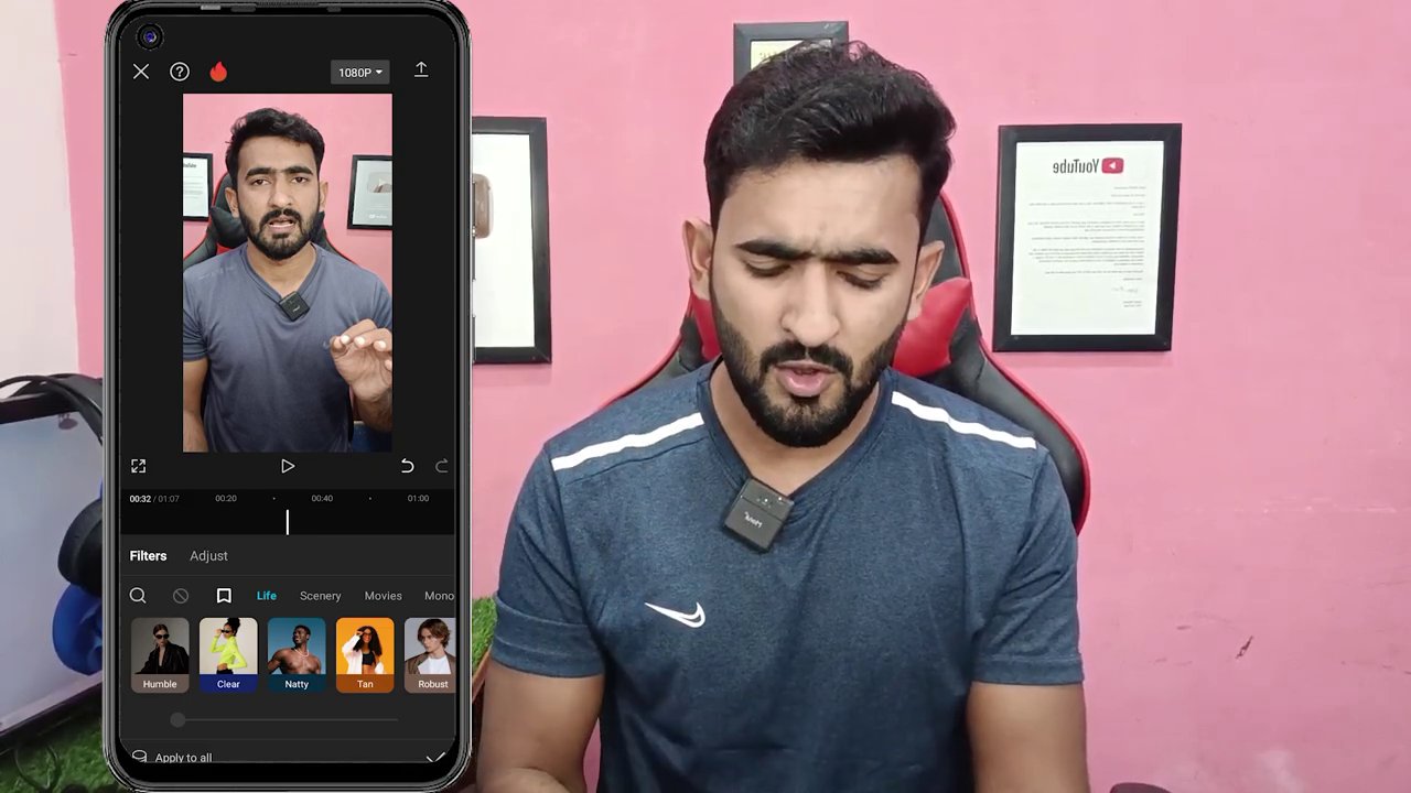The editor demonstrates adjusting the intensity slider for a filter, showing the before and after effect on the video clip.