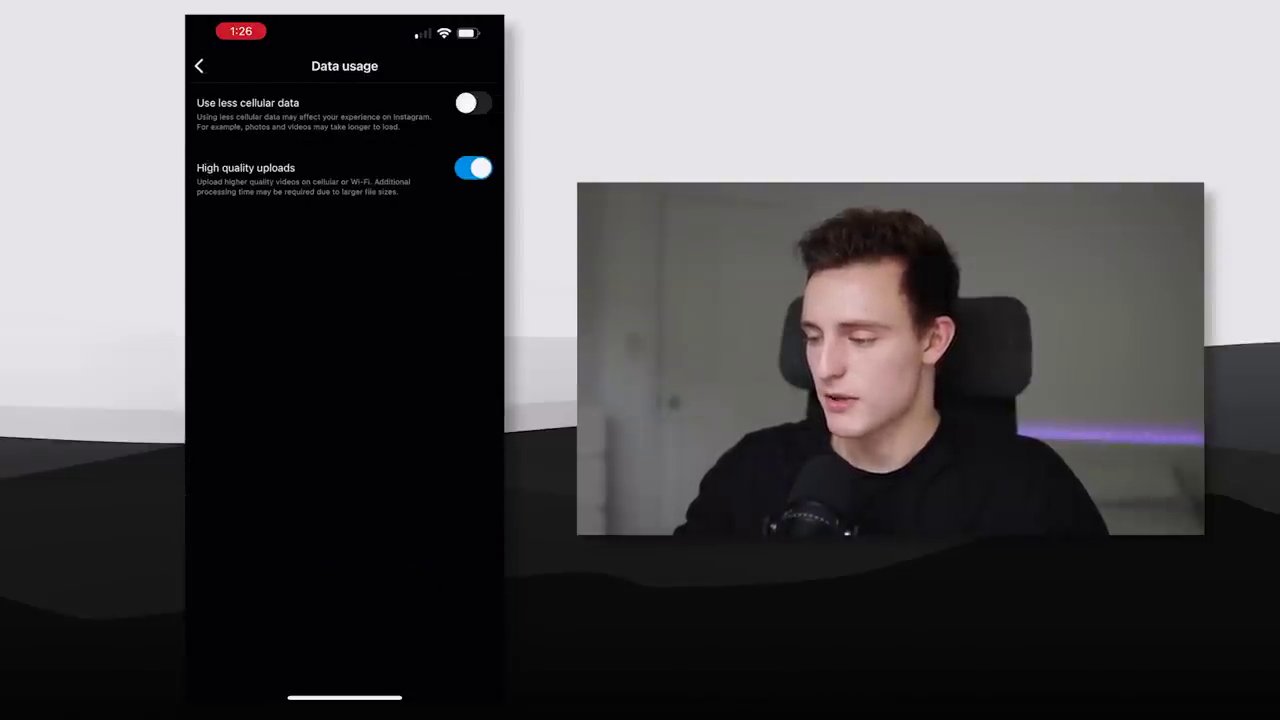 The Instagram app settings screen showing the 'Data Usage' menu, with the 'High Quality Uploads' toggle clearly visible.