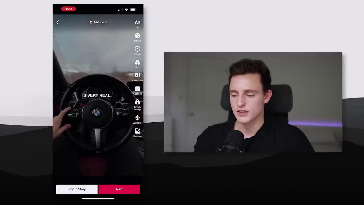 The TikTok video upload screen showing the 'Enhanced' filter toggle being switched off and the 'Next' button.