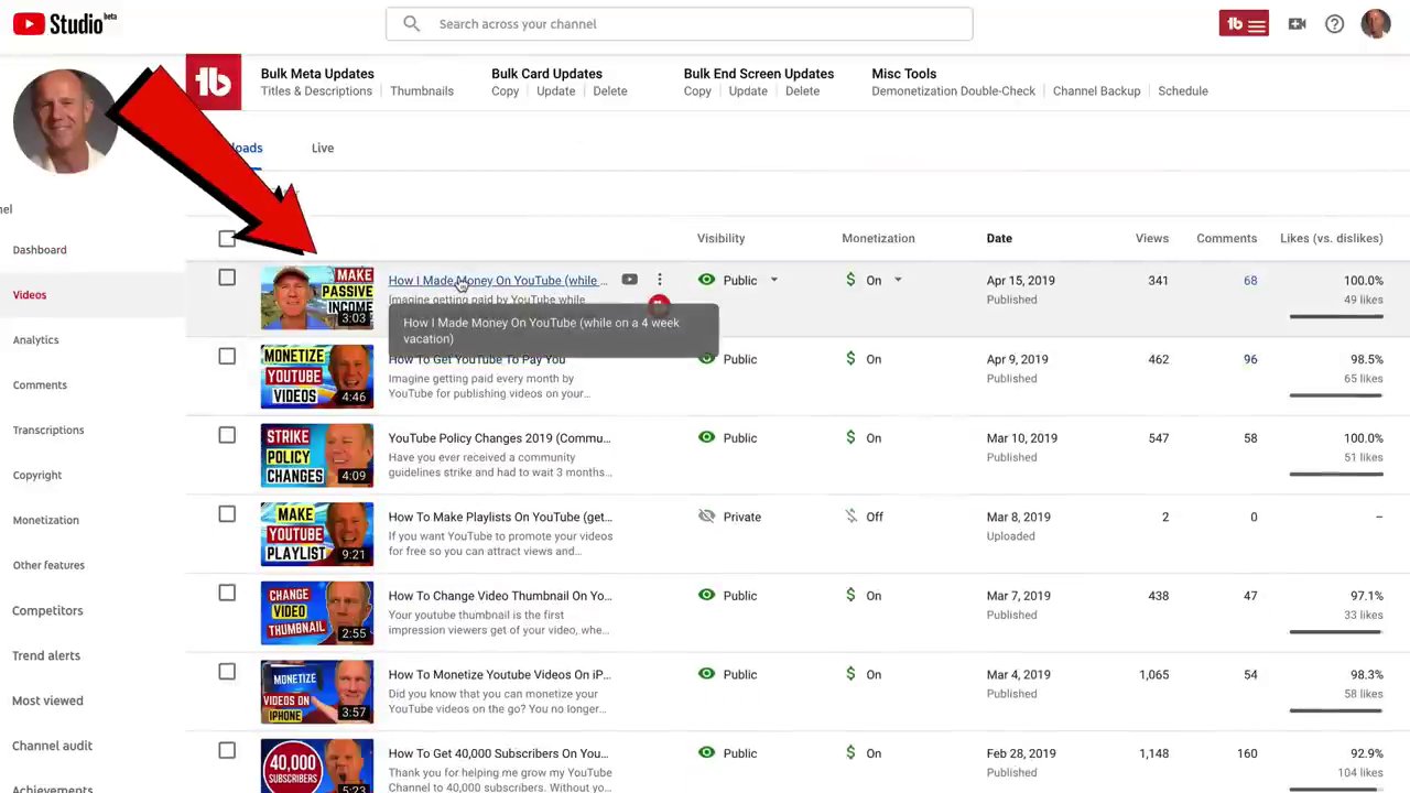 The YouTube Studio interface with the "three dots" options menu visible next to a selected video, showing the "Download" option.